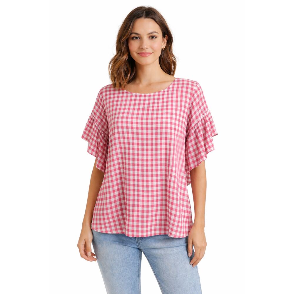 Maurices Red White Gingham Flutter Ruffle Sleeves Top Medium